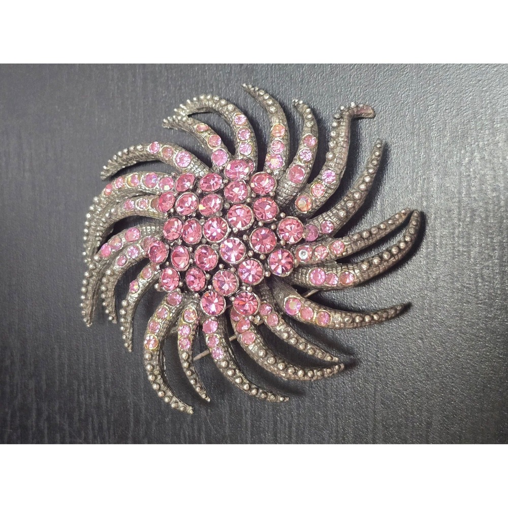 Vintage Glower Pink Rhinestone Brooch Silver Tone